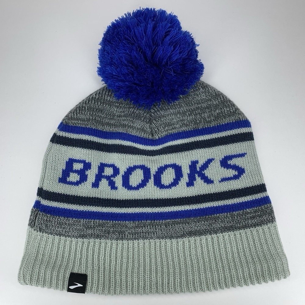 Brooks Beanie Blue OSFA Heritage Pom Toboggan Running Winter Knit Hat Cap